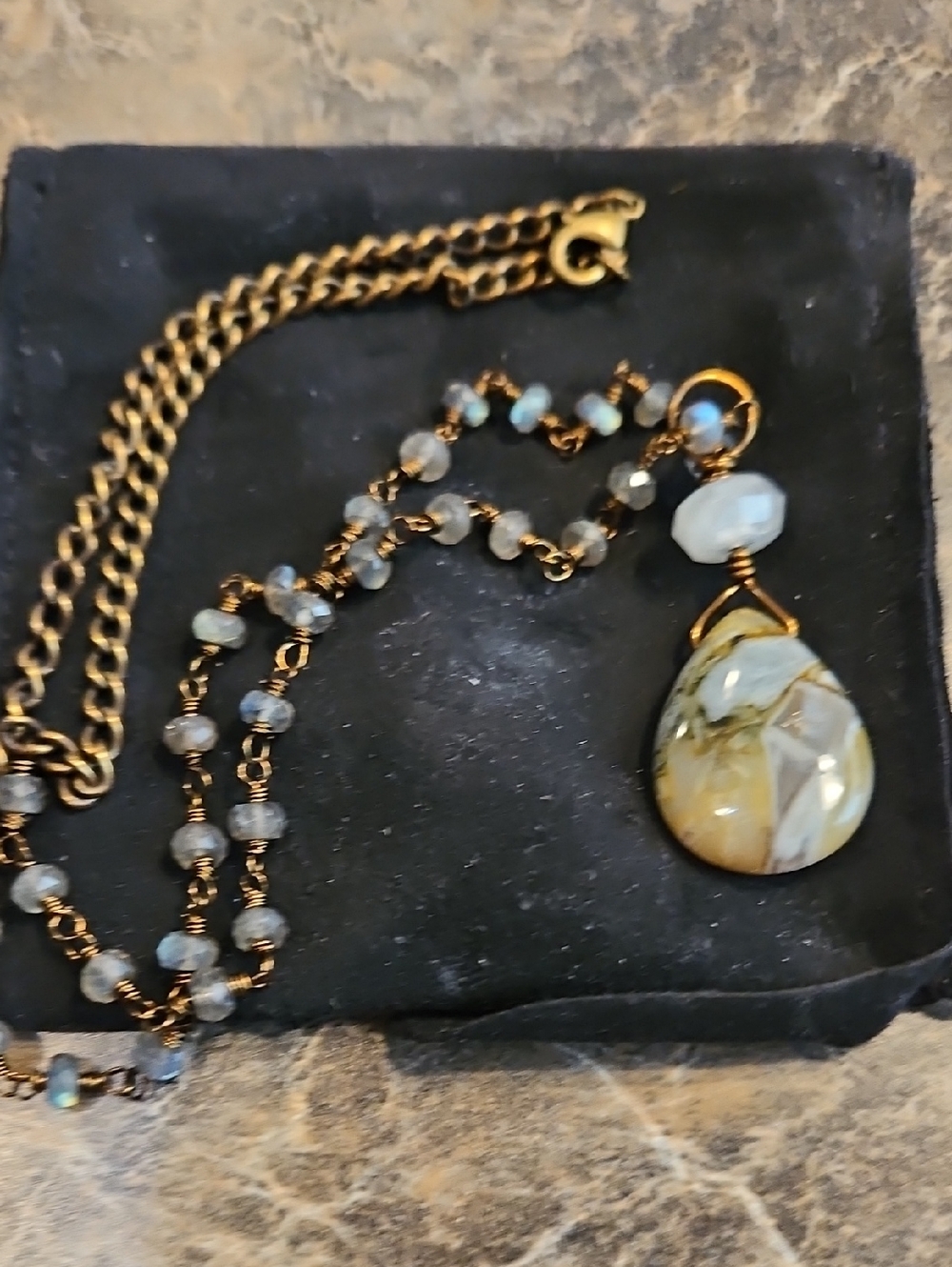 Handcrafted Gold-Tone Pendant Necklace with Blue-Grey Beads